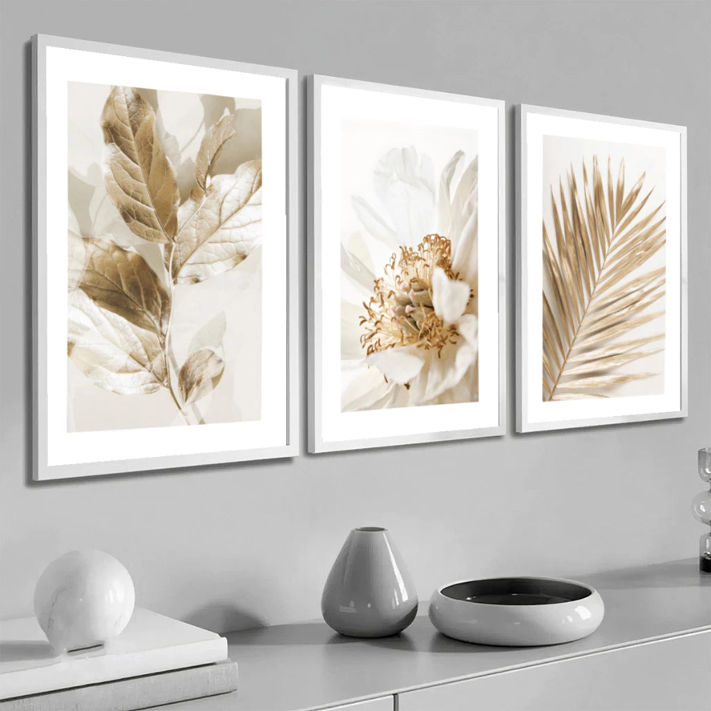 Kit 3 Quadros Decorativos Folhagem Dourada Gold para Sala Moderna Decora Lar