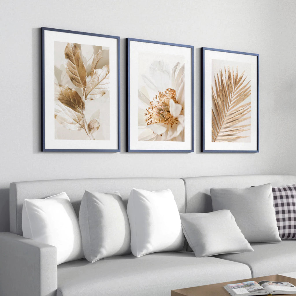 Kit 3 Quadros Decorativos Folhagem Dourada Gold para Sala Moderna Decora Lar