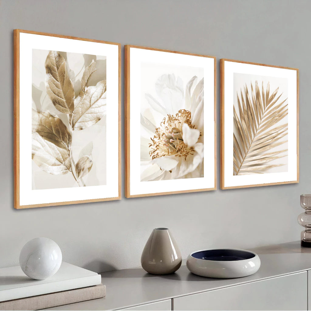 Kit 3 Quadros Decorativos Folhagem Dourada Gold para Sala Moderna Decora Lar