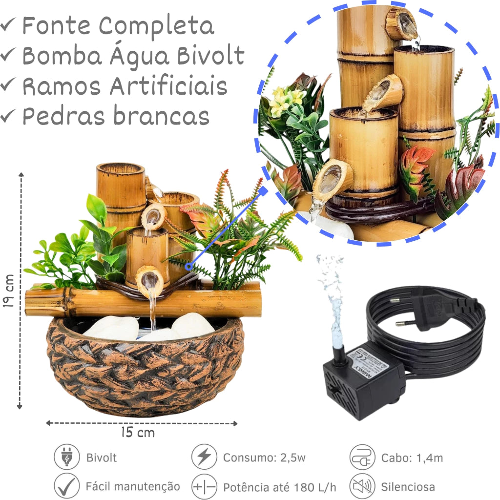 Fonte de Água Decorativa Chafariz Bambu Zen com Cascata Decora Lar