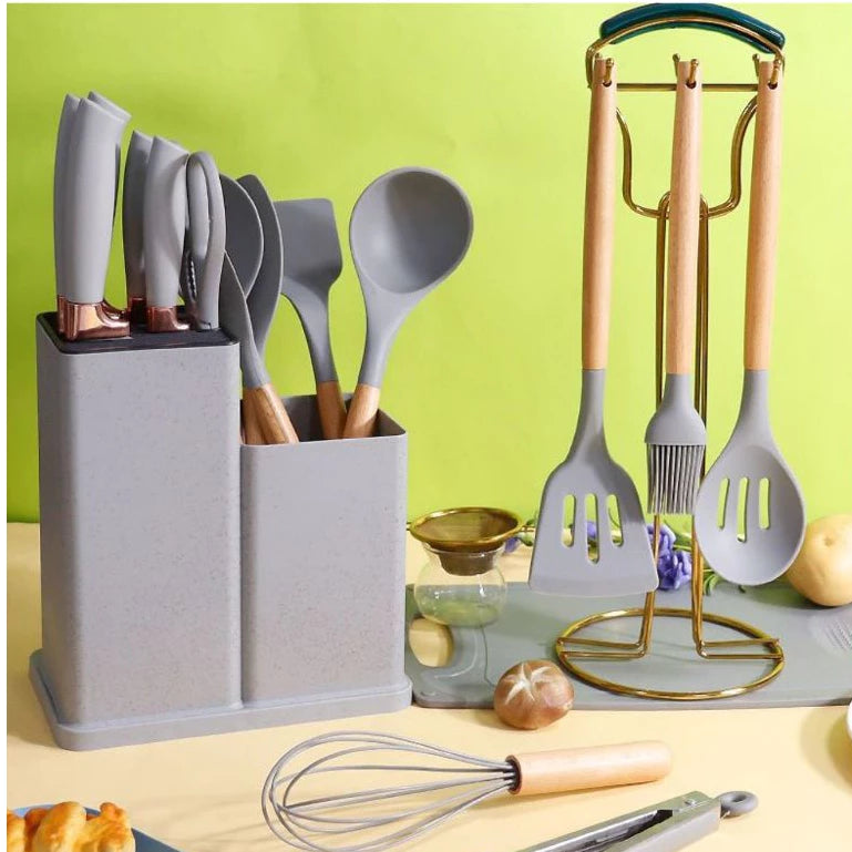 Kit de Utensílios de Cozinha 19 Peças em Silicone com Facas Decora Lar
