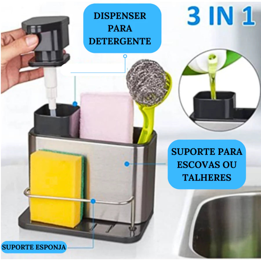 Organizador de Pia em Aço Inox – Suporte para Esponja e Dispenser de Detergente Decora Lar