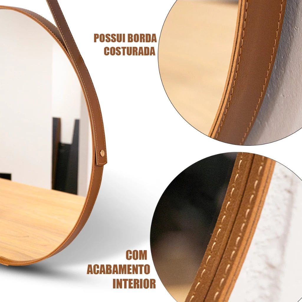 Espelho Orion Redondo com Alça em Couro Costurado – Sofisticação e Estilo Decora Lar