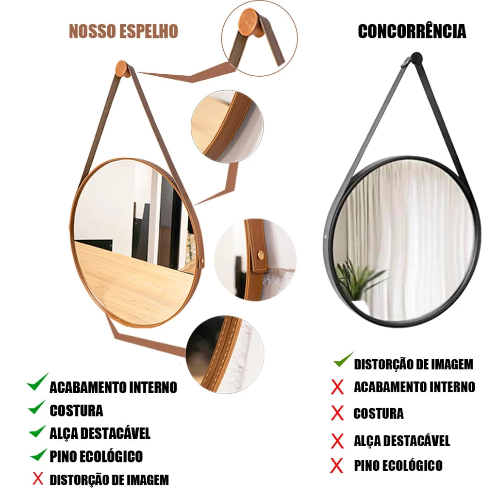 Espelho Orion Redondo com Alça em Couro Costurado – Sofisticação e Estilo Decora Lar