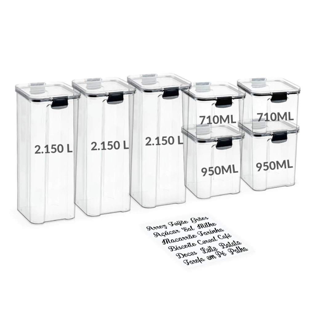 Conjunto 7 Potes Herméticos Empilháveis com Trava para Mantimentos e Alimentos Decora Lar