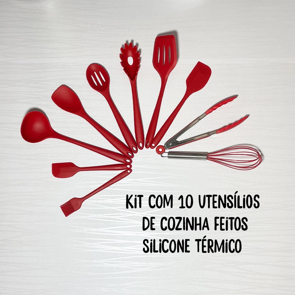 Kit 10 Peças Colheres de Silicone Cabo Inox Utensílios Cozinha Decora Lar