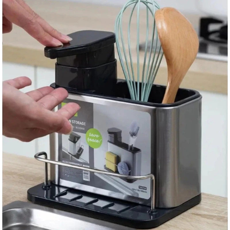 Organizador de Pia em Aço Inox – Suporte para Esponja e Dispenser de Detergente Decora Lar