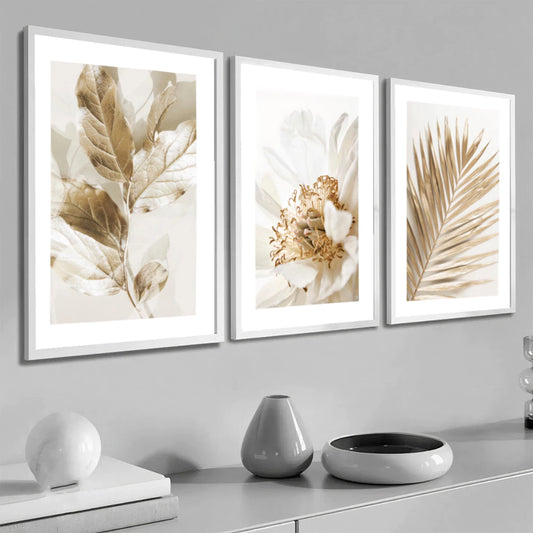 Kit 3 Quadros Decorativos Folhagem Dourada Gold  para Sala Moderna Decora Lar