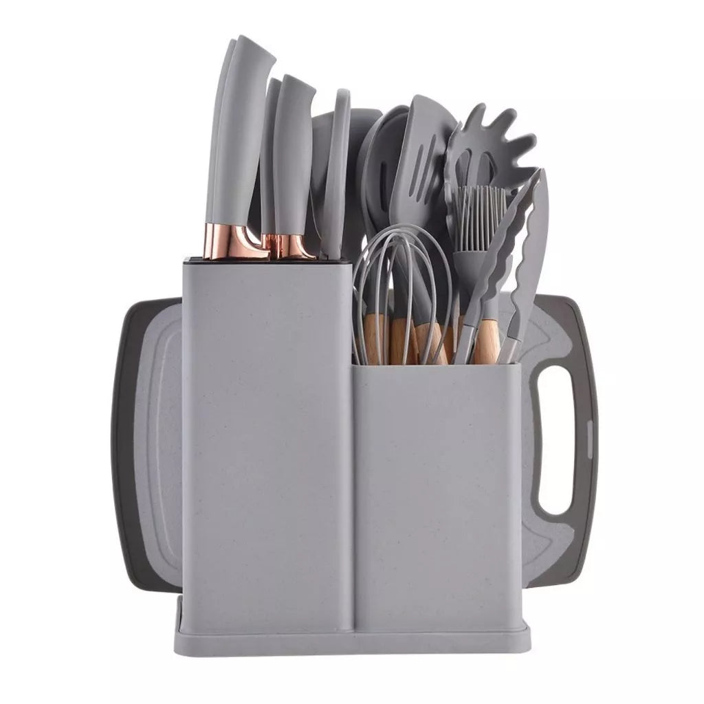 Kit de Utensílios de Cozinha 19 Peças em Silicone com Facas Decora Lar