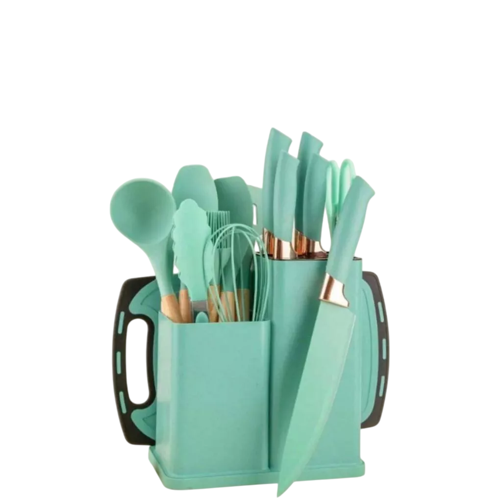 Kit de Utensílios de Cozinha 19 Peças em Silicone com Facas Decora Lar