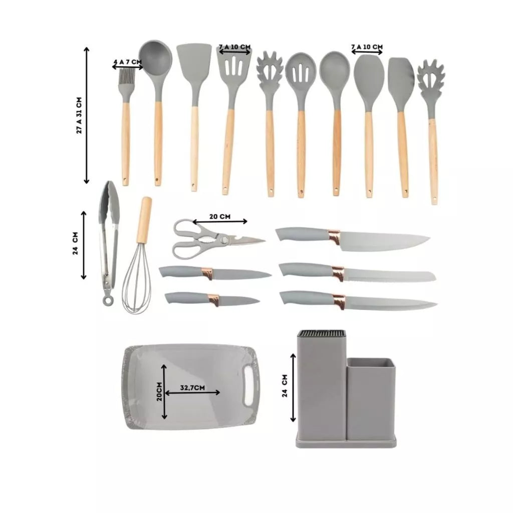Kit de Utensílios de Cozinha 19 Peças em Silicone com Facas Decora Lar
