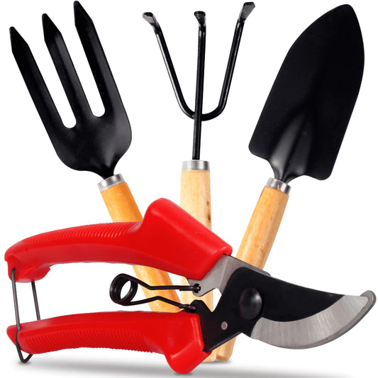 Kit Jardinagem 4 Peças com Ferramentas de Aço e Cabo de Madeira Decora Lar