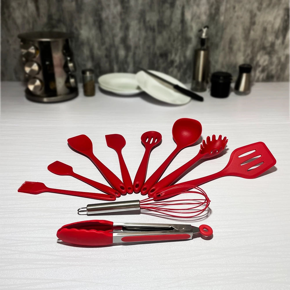 Kit 10 Peças Colheres de Silicone Cabo Inox Utensílios Cozinha Decora Lar