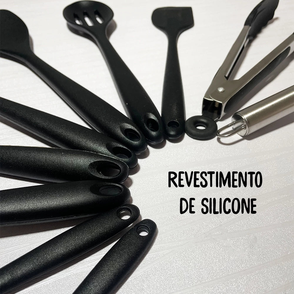 Kit 10 Peças Colheres de Silicone Cabo Inox Utensílios Cozinha Decora Lar