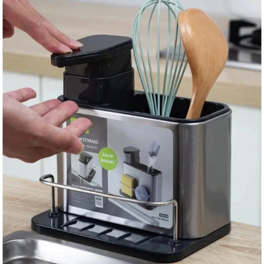 Organizador de Pia em Aço Inox – Suporte para Esponja e Dispenser de Detergente Decora Lar